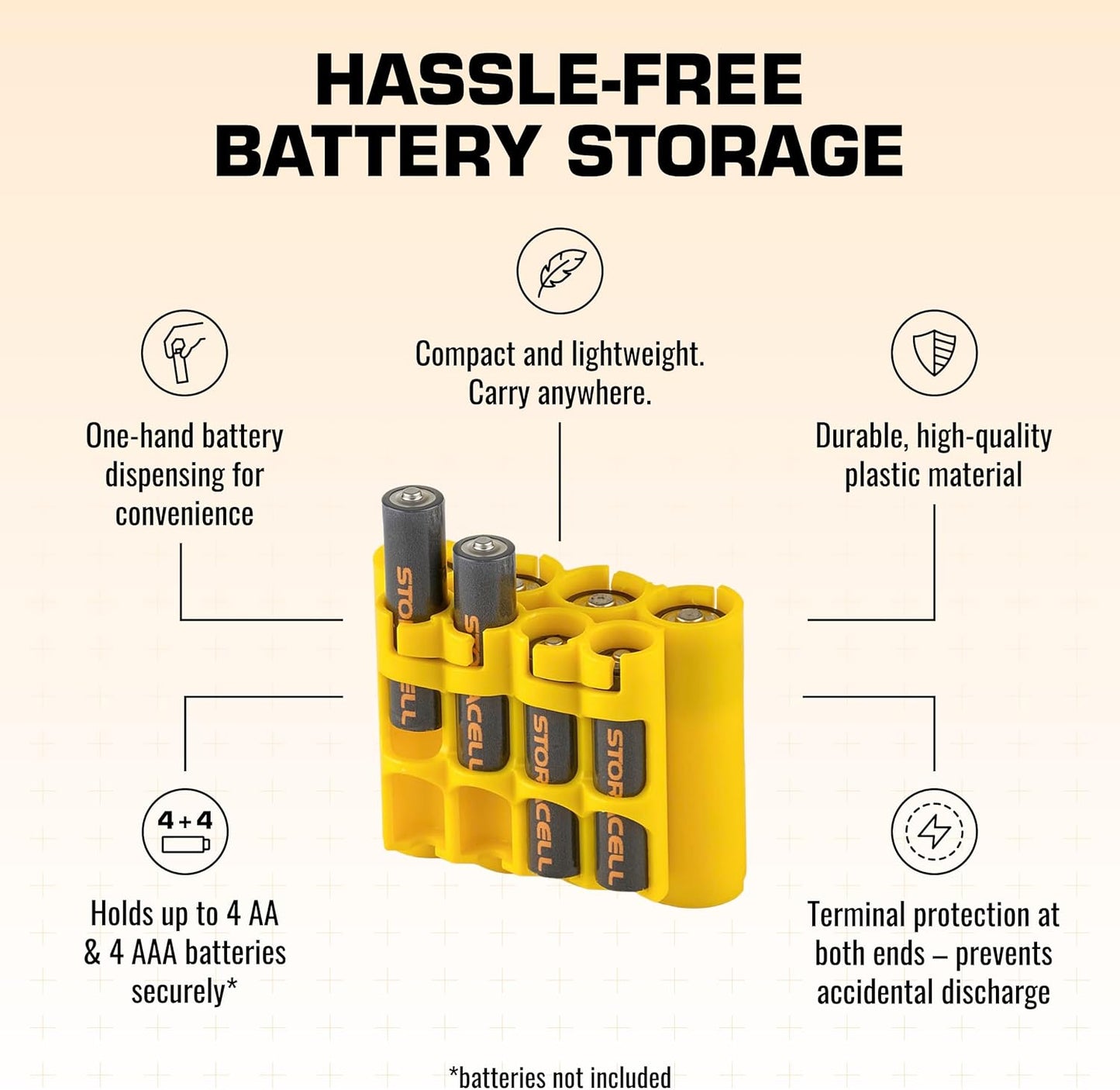 Storacell AA + AAA Combo Battery Storage Caddy and Dispenser, Yellow, Holds 4 AA + 4 AAA Batteries (Not Included), Durable & Compact Design, The Original Battery Caddy, Made in The USA