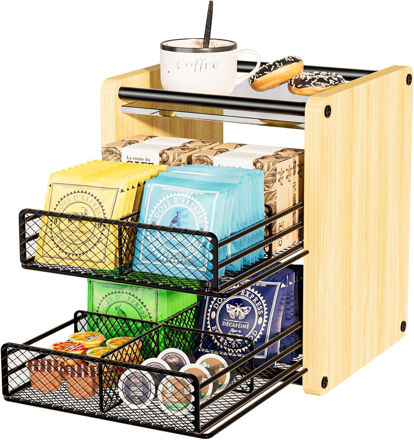 Tea Bag Organizer, Tea Organizer and Storage with Drawers, Tea Box for Tea Bags, Wooden Tea Bag Holder for Kitchen, Countertop, Office, Tea Station (Natural Wood)