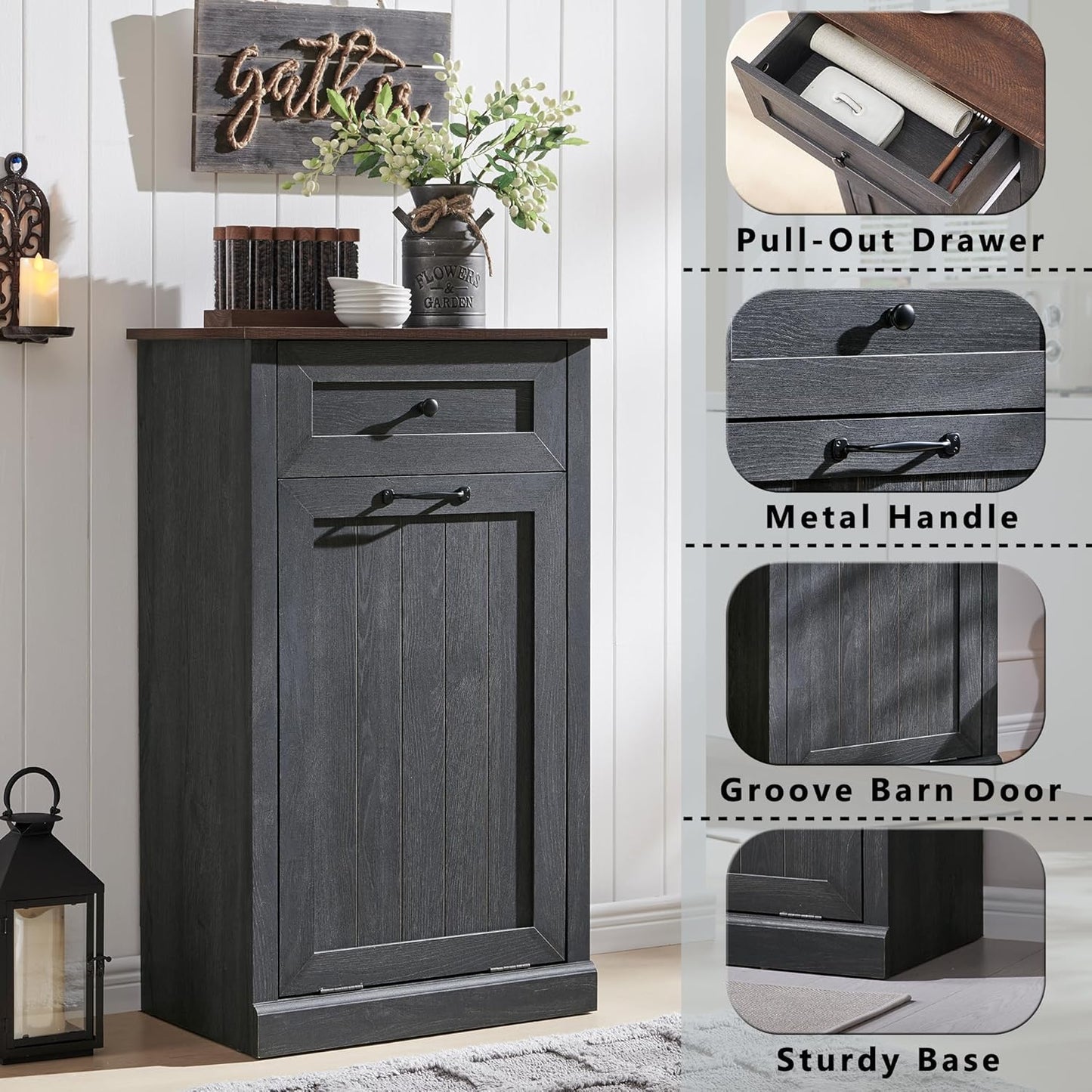 Tilt Out Trash Can Cabinet, 10 Gallon Farmhouse Laundry Hamper Cabinet with Drawer, Hidden Wooden Trash Garbage Can Bin with Storage Basket for Kitchen, Living Room (Dark Grey)