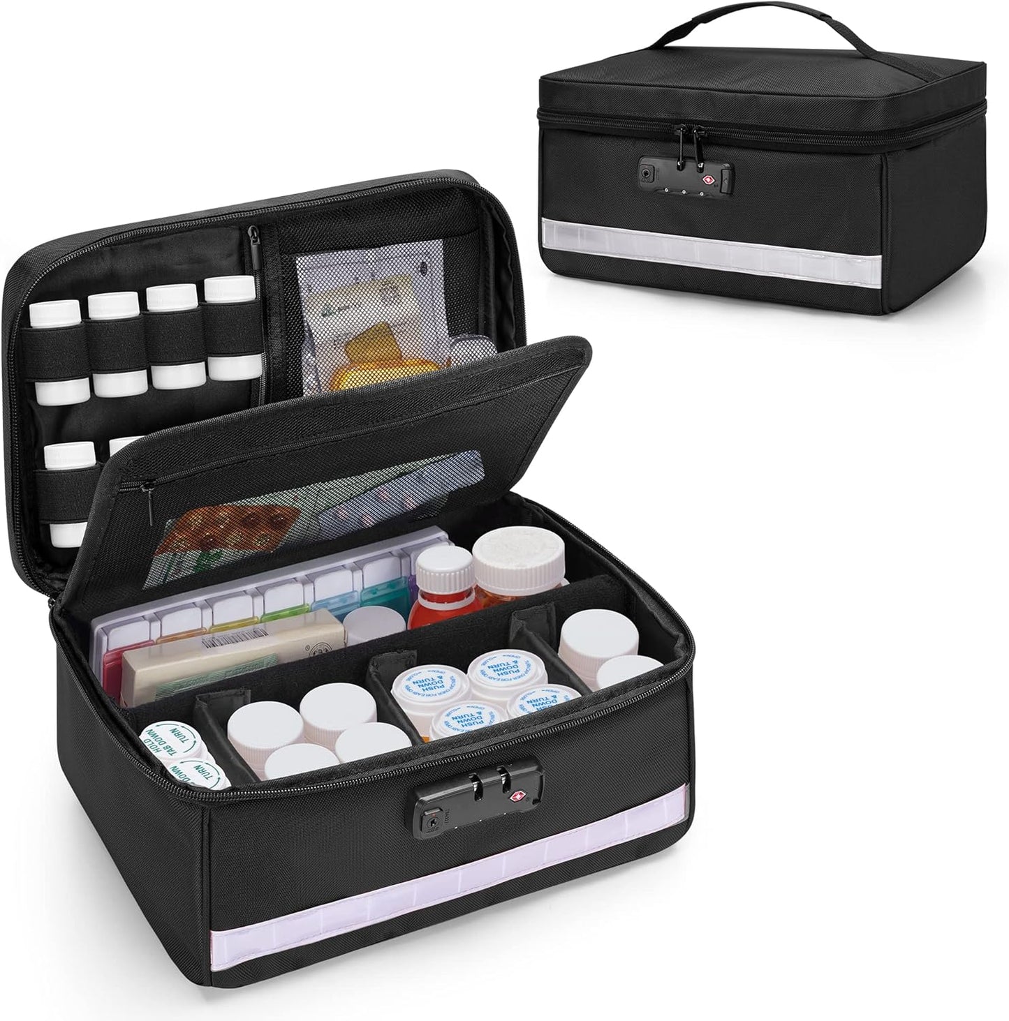 Damero Locking Pill Bottle Organizer with Inner Dividers, Medicine Storage and Organizer Bag Combination Lock for Medicine, Vitamins and Medical Supplies, Black