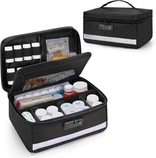 Damero Locking Pill Bottle Organizer with Inner Dividers, Medicine Storage and Organizer Bag Combination Lock for Medicine, Vitamins and Medical Supplies, Black