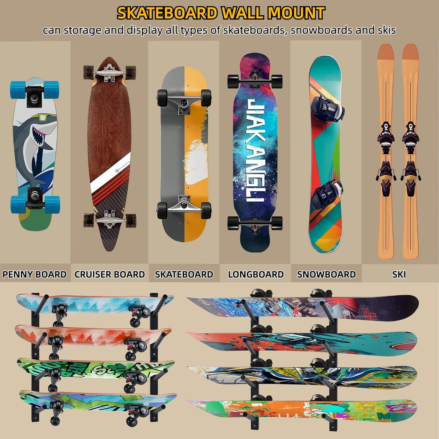 BiJun Skateboard Wall Mount, Snowboard Wall Mount Display, Horizontal Ski Wall Rack, Skateboard Rack Storage Holder Longboard Hanger