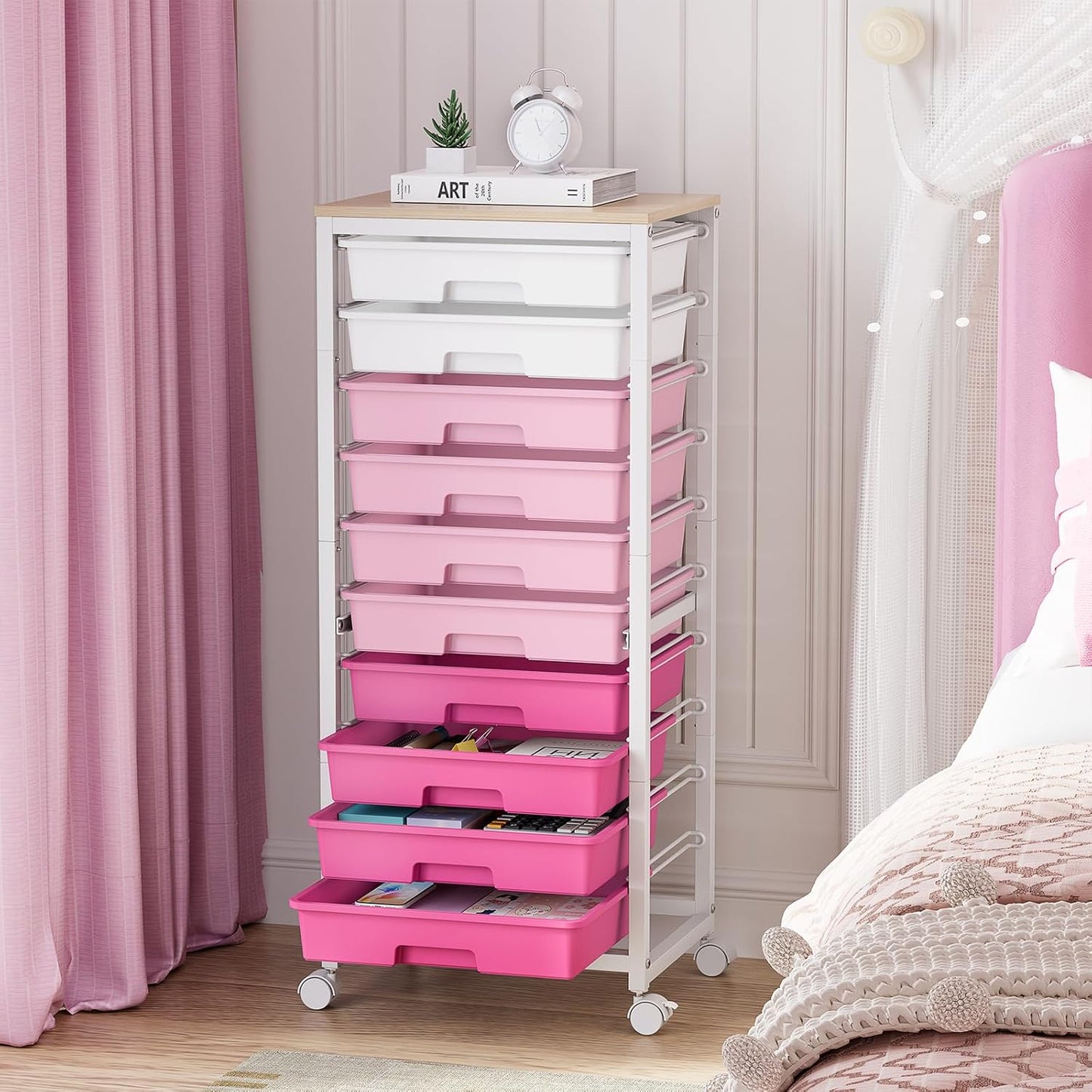 Rolling Cart with Drawers,10 Drawer Rolling Cart,Storage Cart,Utility Cart,Teacher Cart for Classroom Storage,Craft Cart with Wheels and Wooden Tabletop,Pink