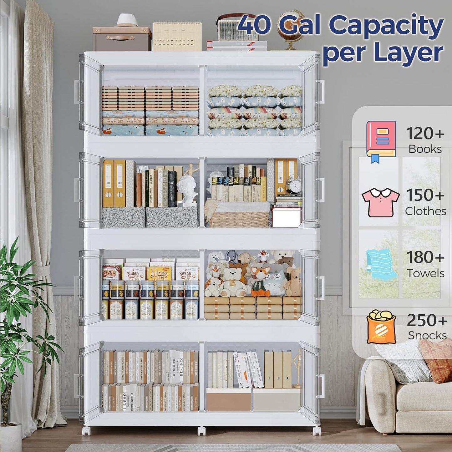 120GAL Extra Large Storage Bins with Lid, 480Qt Stackable Closet Organizers and Drawers, Collapsible Storage Bins with Wheels, Folding Containers for Home, Kitchen Office, 3Pack White