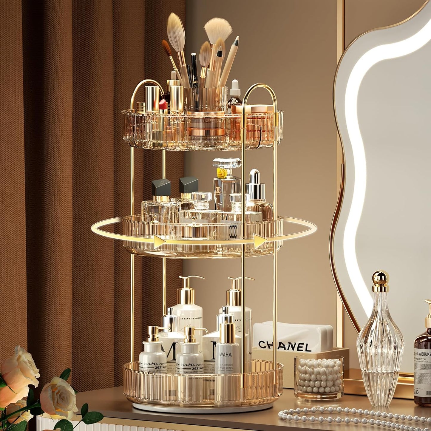 YCIA&DONE Rotating Makeup Organizer for Vanity, Large Capacity Make Up Storage Skin care Shelf Perfume Holders Cosmetic Dresser Organizer Countertop Spinning 360 (Amber Gold, 3Tiers)