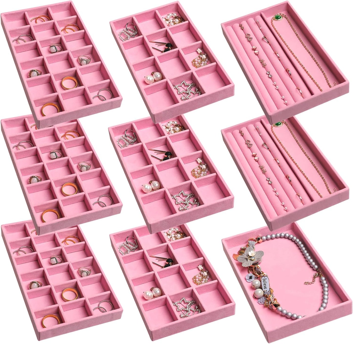 Frebeauty Jewelry Organizer Tray,Stackable Velvet Jewelry Trays,Drawer Inserts Earring Organizer For Women Jewelry Storage Display Case for Rings Stud Necklaces,8.3 x 4.9 x 1 Inches (Pink)