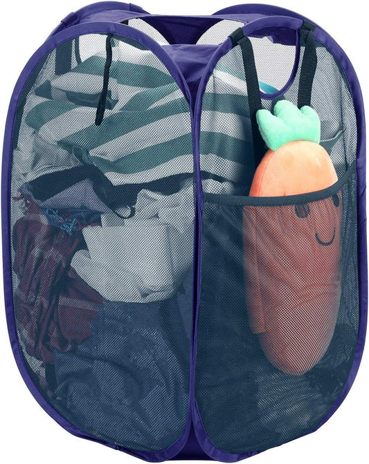 HOUSE AGAIN [Reinforced] Strong Mesh Pop-up Laundry Hamper, Quality Collapsible Laundry Basket with Durable Handles Solid Bottom High Carbon Steel Frame, Easy to Open and Fold Flat for Storage(Blue)