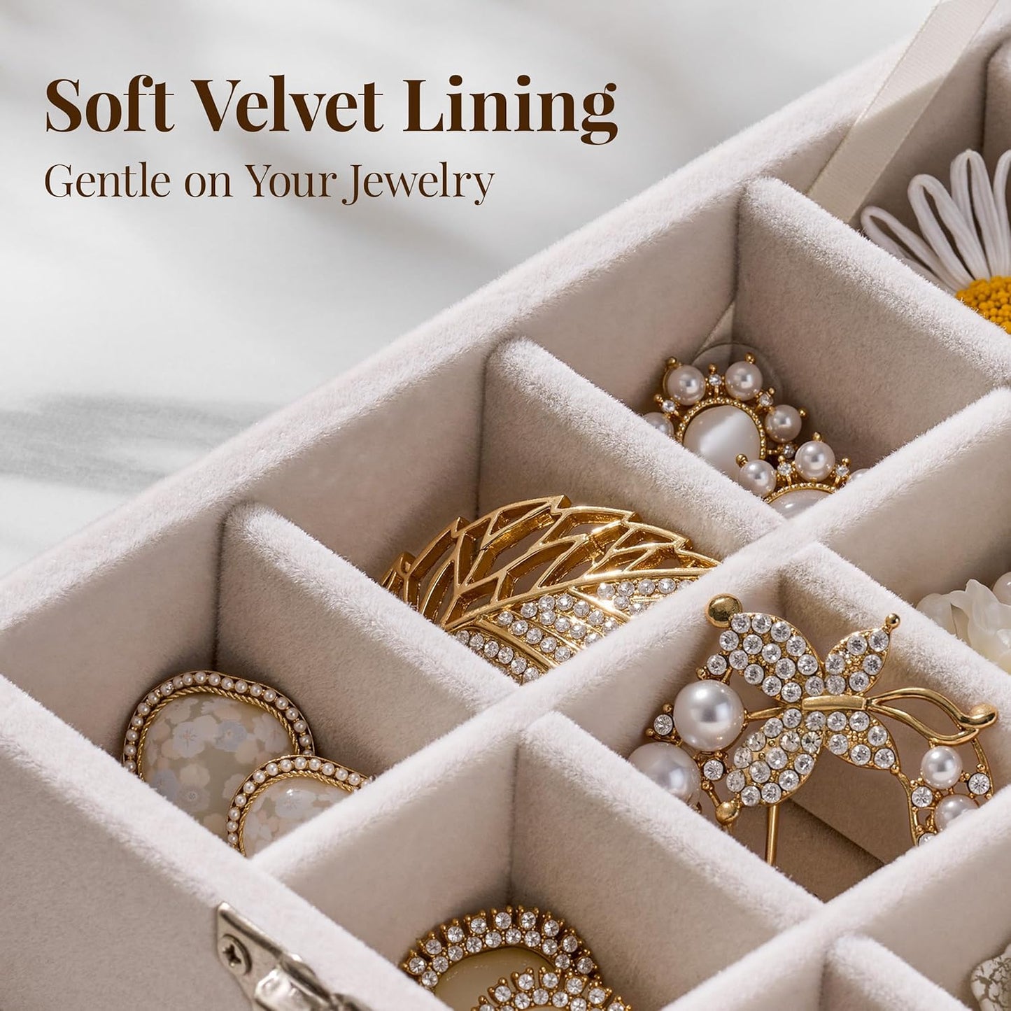 48 Grid Earring Organizer and Storage: Velvet Jewelry Tray with Lid, Jewelry Box for Studs, Earrings, Rings, Necklaces, Dresser & Vanity, Earrings Case for Girls, Women, Beige