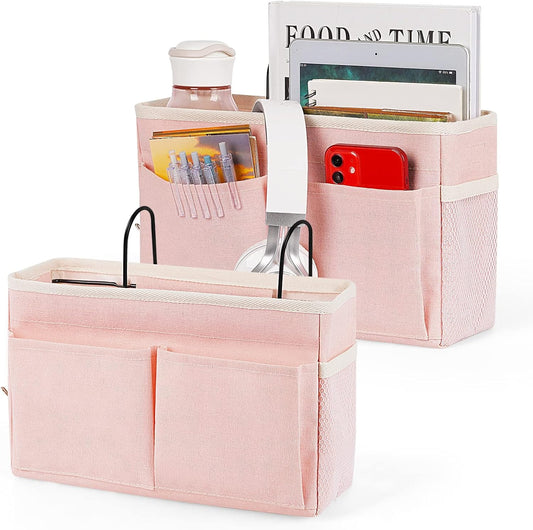 Bedside Caddy Bedside Storage Organizer Hanging Bunk Bed Dorm Room with Side Pockets for Water Bottles, Books, Cell Phones, Headphones 2 Pack (Pink)