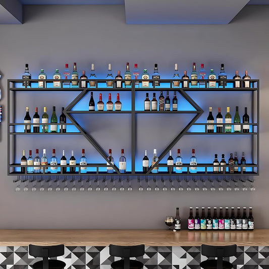 79in Wall Mounted Wine Rack, Large Metal Wine Bottle Holder, 3 Tier Modern Fashion Diamond Shaped Floating Bar Unit Wine Storage Shelves, for Home Restaurant Bars Decor (Black, 3 Tier - 79in)
