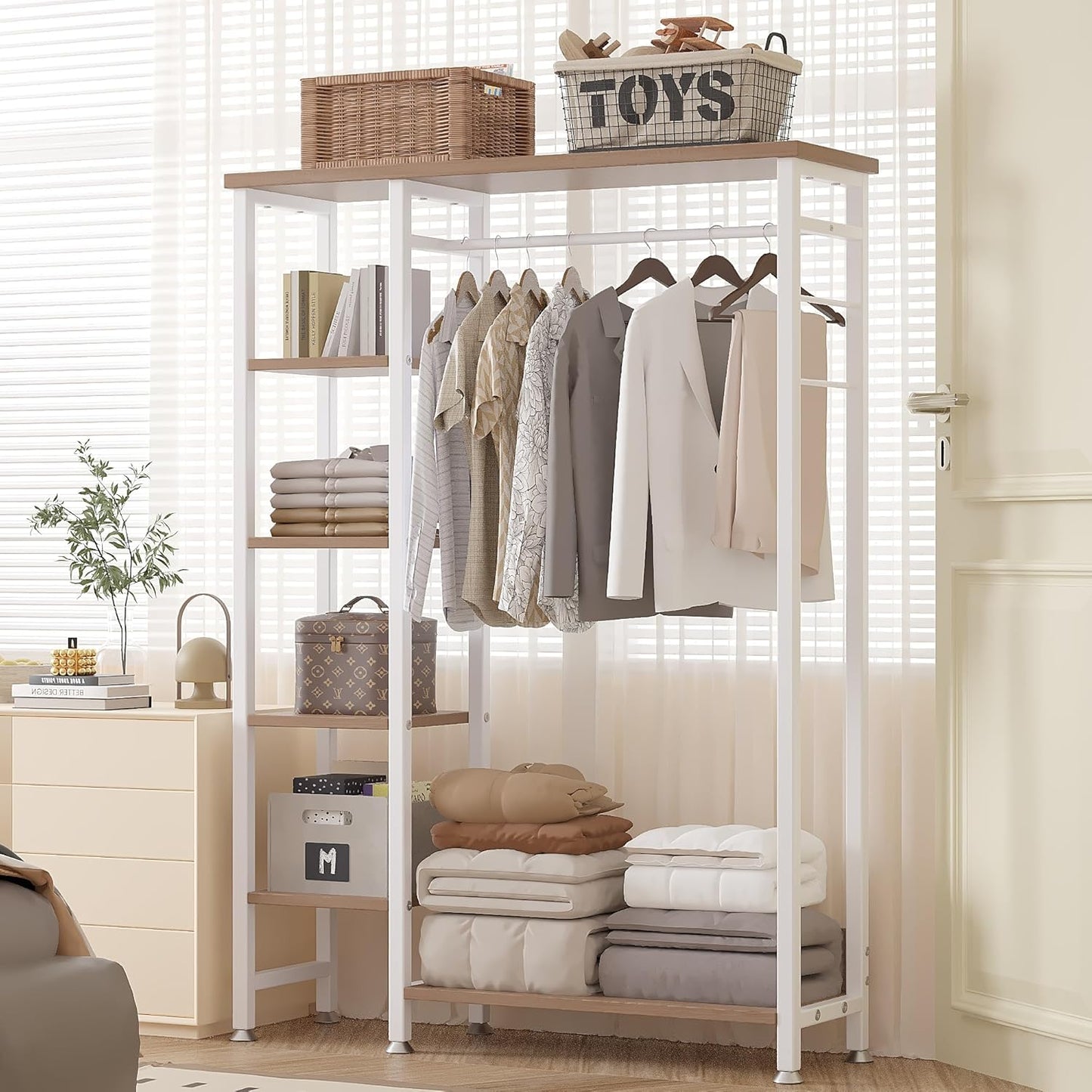 VECELO Open Garment Clothing Rack, Free-Standing Heavy Duty Storage Closet with 5 Shelves and Hanging Rod for Small Spaces, Max Load 350LBS, White Oak