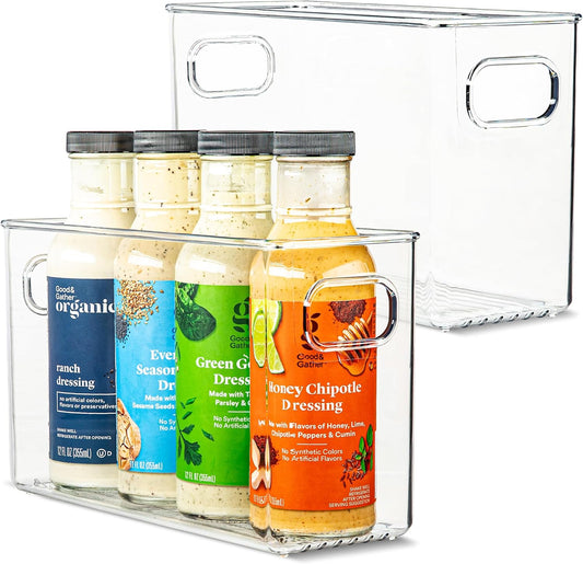 primebox Plastic Food Storage 2 Pack Clear Container Bin with Handles for Organizing Kitchen, Pantry, Refrigerator, Freezer, Pantry, Cabinet, Closet, Bathroom. 10”x4”x6”