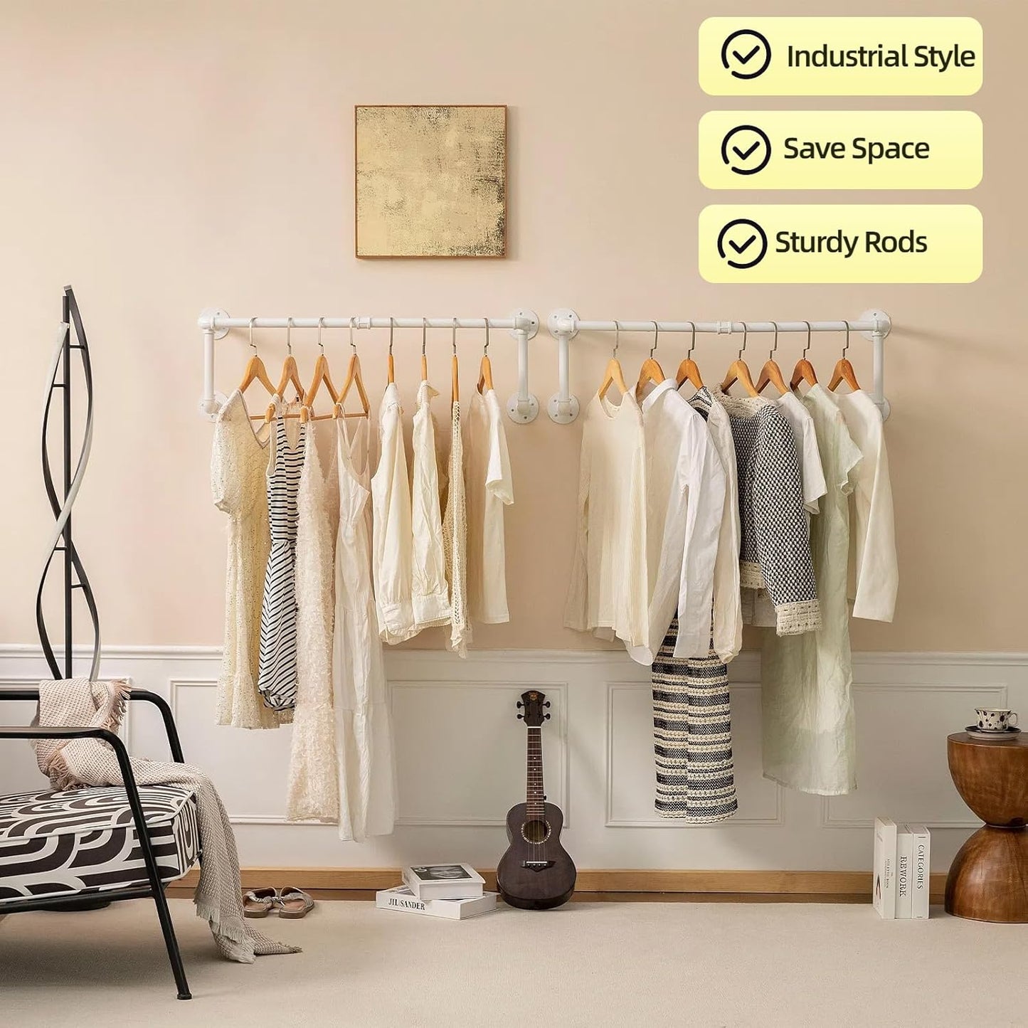 Clothes Racks, Industrial Pipe Clothing Racks for Hanging Clothes, Wall Mounted Heavy Duty Space Saving Garment Racks, Multi-Purpose Clothing Hanging Rods for Closet Storage, White, 2Pcs
