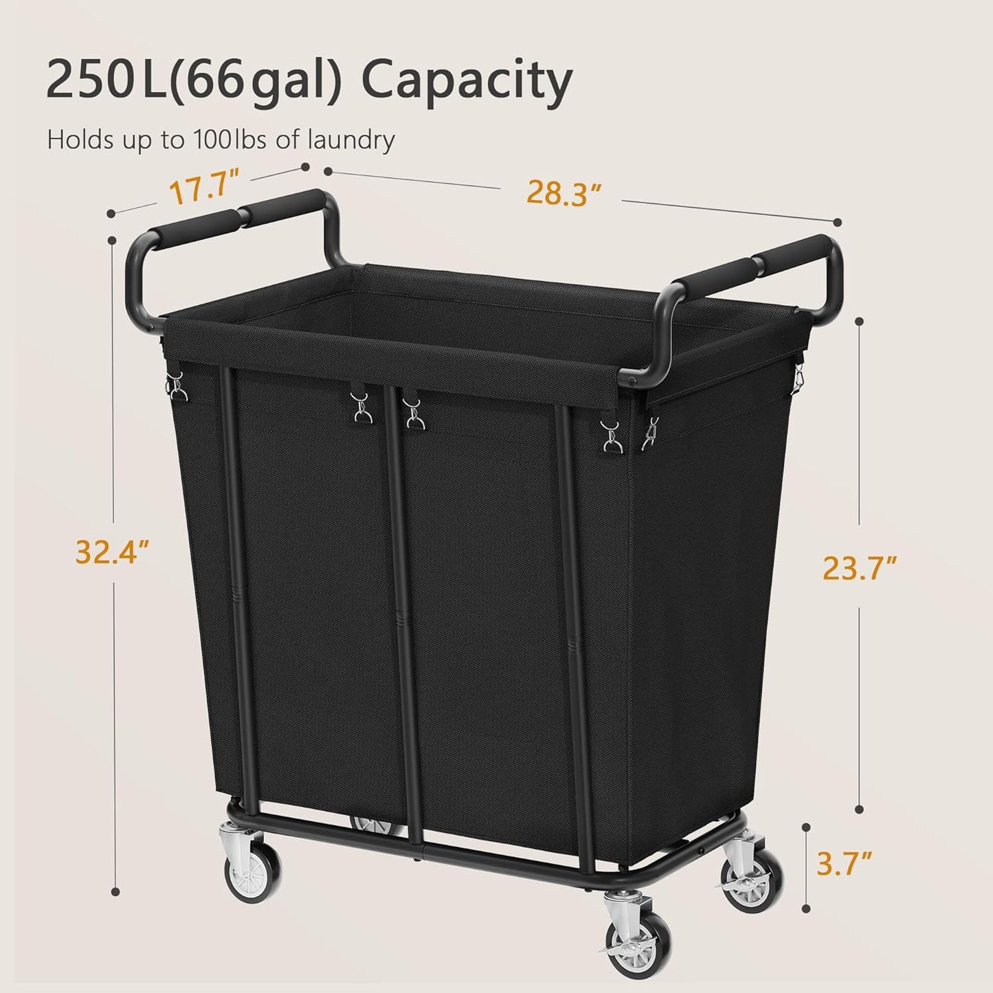 Laundry Hamper with Wheels, 250L Rolling Medium Laundry Basket for Clothes Storage, Heavy Duty Rolling Laundry Cart with Handle, Steel Frame, Waterproof Liner, 66 Gallons