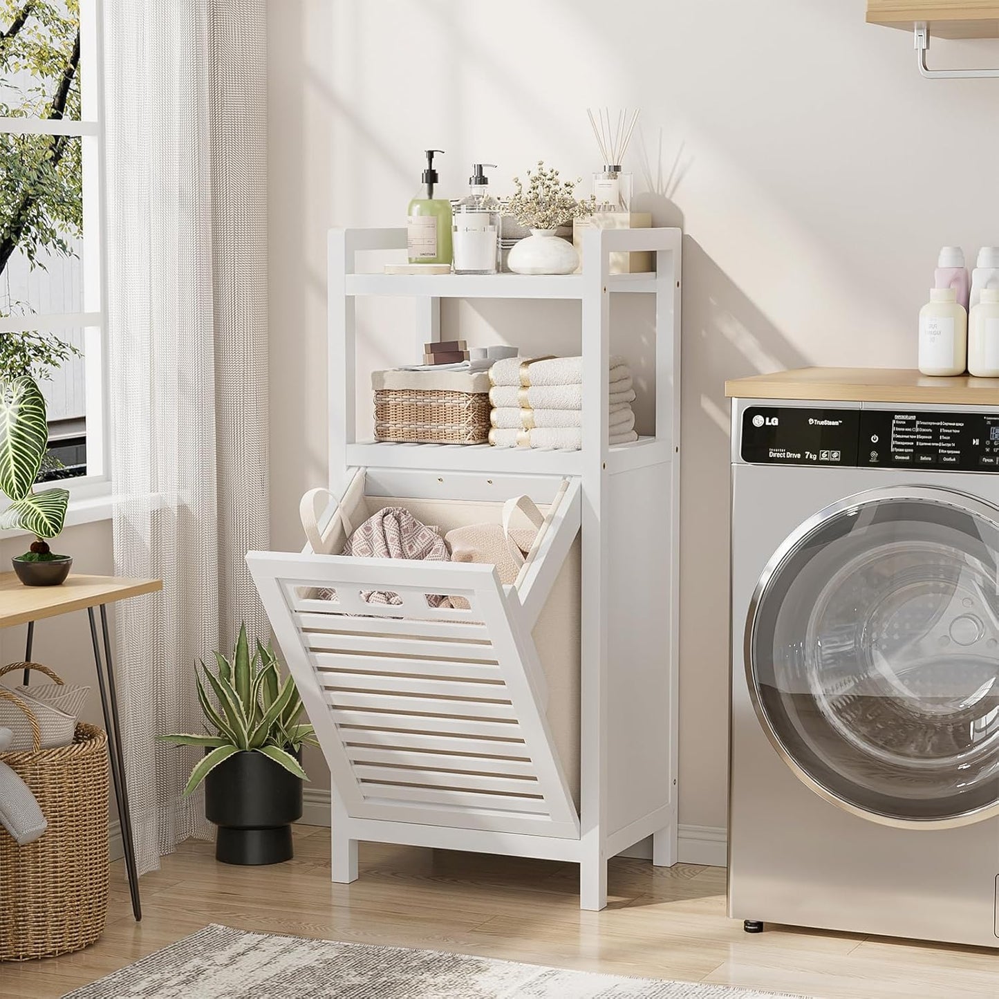 Homykic Tilt Out Laundry Hamper, 10 Gal Bamboo Laundry Storage Cabinet with Removable Basket, Hidden Hamper Organizer with Shelf for Dirty Clothes, Bathroom, Laundry Room, Space Saving, White