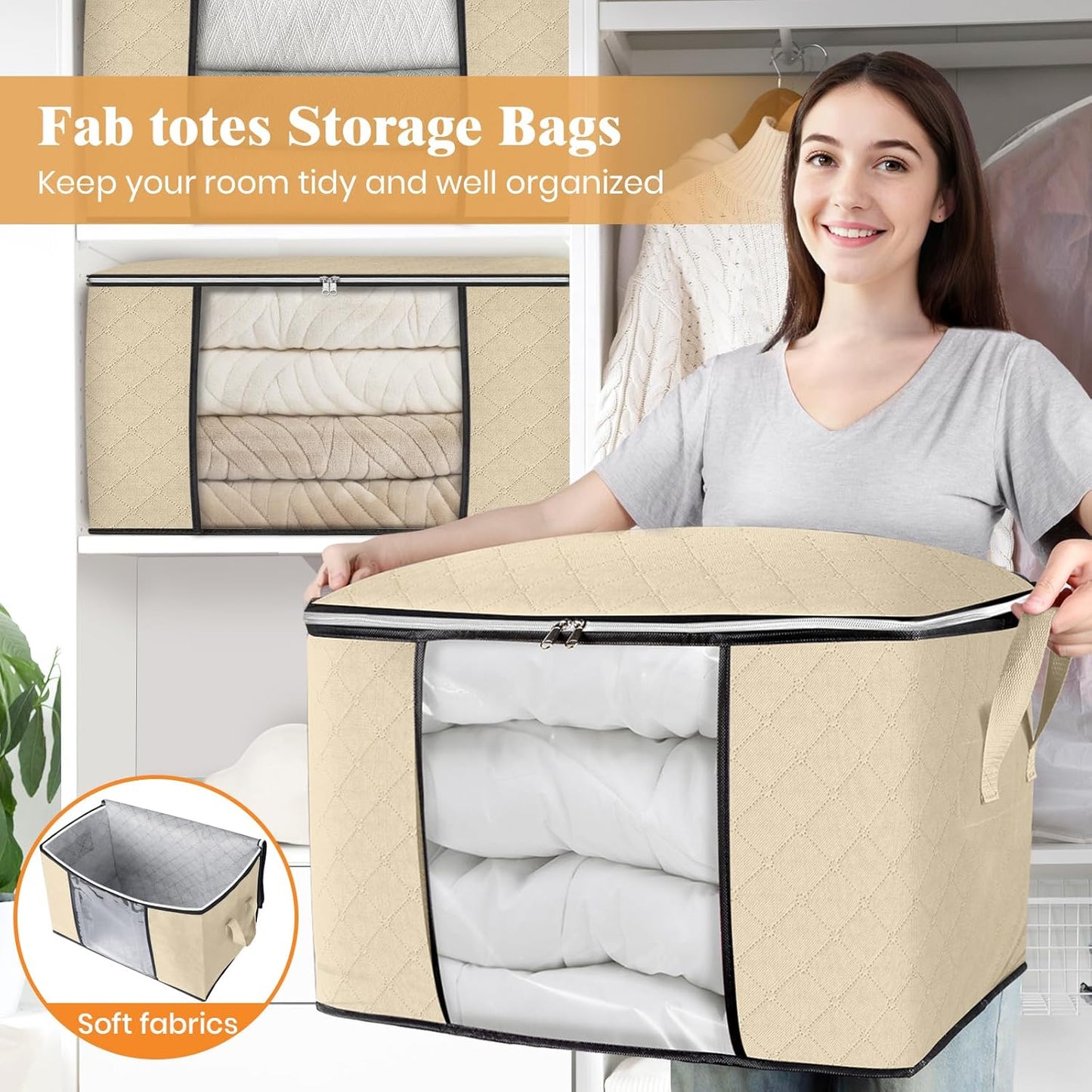 Fab totes 24 Gallons Clothes Storage, Foldable Thick Fabric Blanket Storage Bags, Containers for Organizing Bedroom, Closet, Clothing, Comforter, Organization with Handle (8 Pack,Beige)