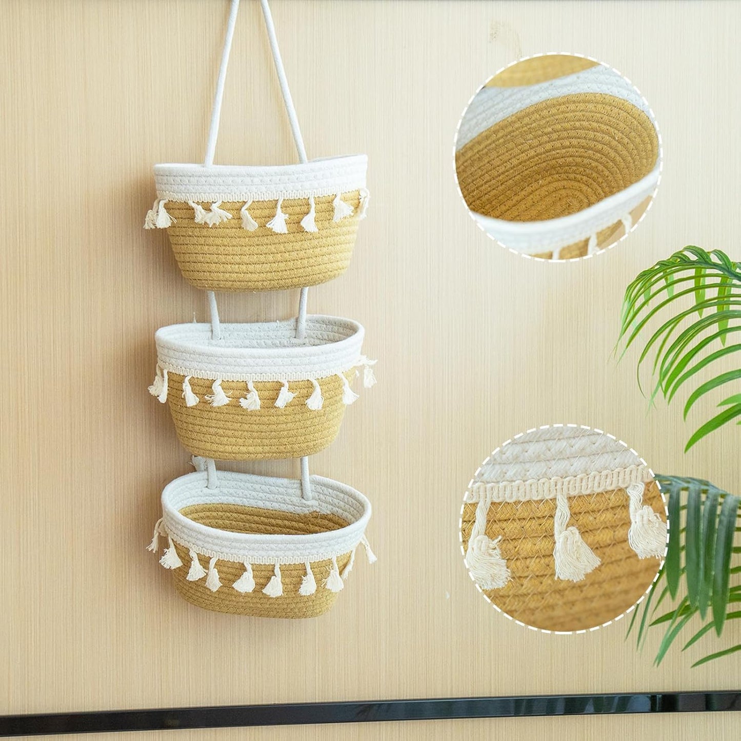 JJSQYLAN Over the Door Hanging Basket 3 Tier Small Woven Cotton Wall Hanging Organizer Bag Decorative Hanging Nursery Baskets Boho (Jute & White)