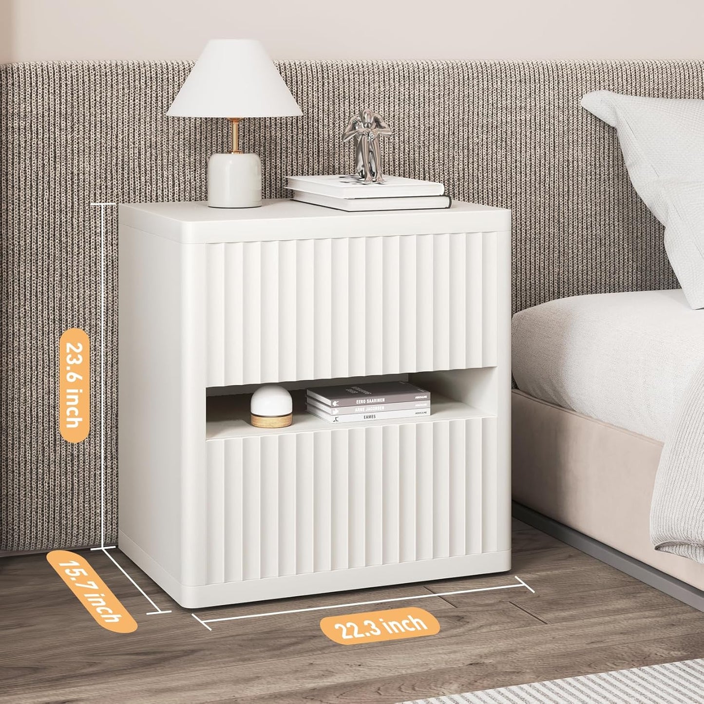 Dripex Fluted Nightstand with 2 Drawers, Large Wide Wood Night Stand Bedside Tables for Bedroom, Mid-Century Modern Storage Bed Side Table, End Tables for Living Room Sofa Couch, White, Set of 2