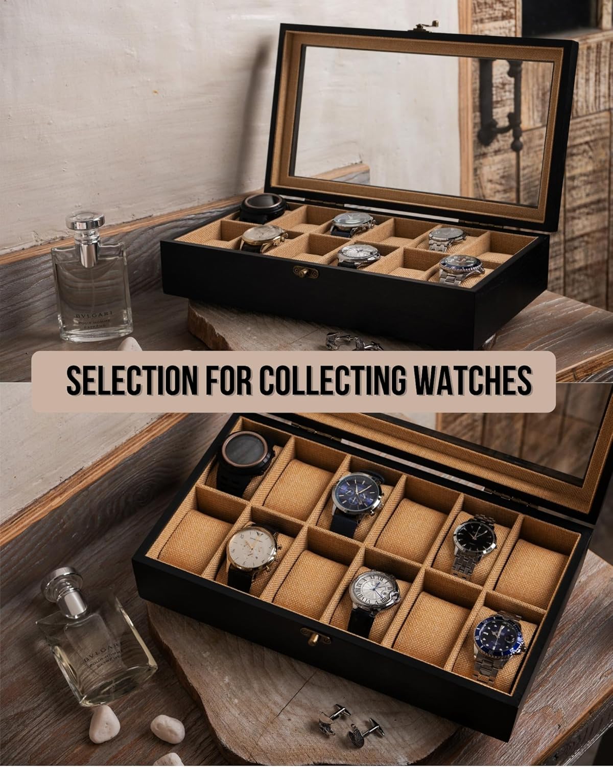 Watch Box, Watch Case for Men Women with Large Glass Lid, Wooden Watch Display Storage Box with 12 - Slots, Charcoal Black Mens Watch Box Organizer