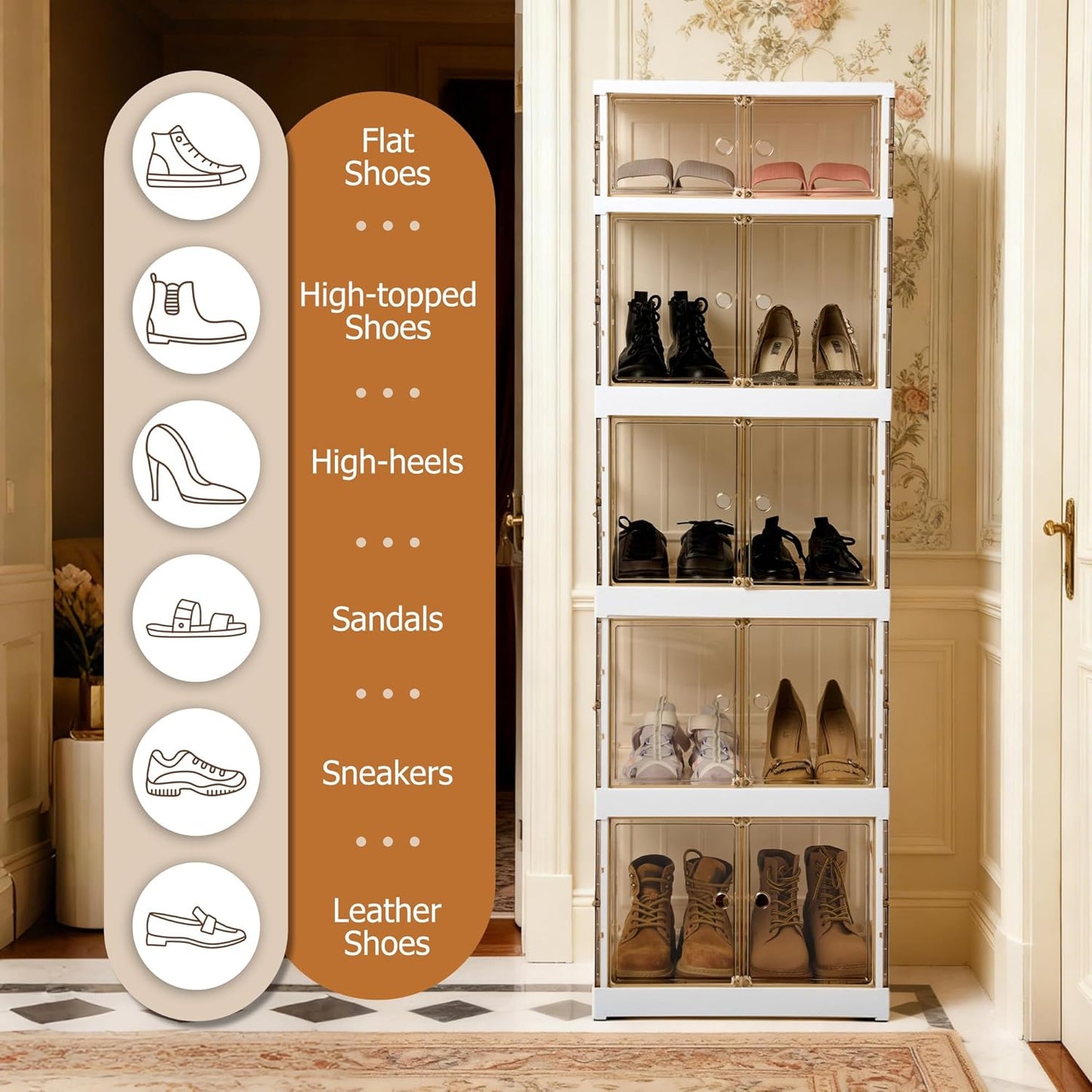 MGWILL Foldable Shoe Rack, Purse Organizers for Closet Plastic Clear Storage Box for Entryway, Large Sneaker Cabinet Bins Display Case for Collectibles with Magnetic Door 5 Tiers