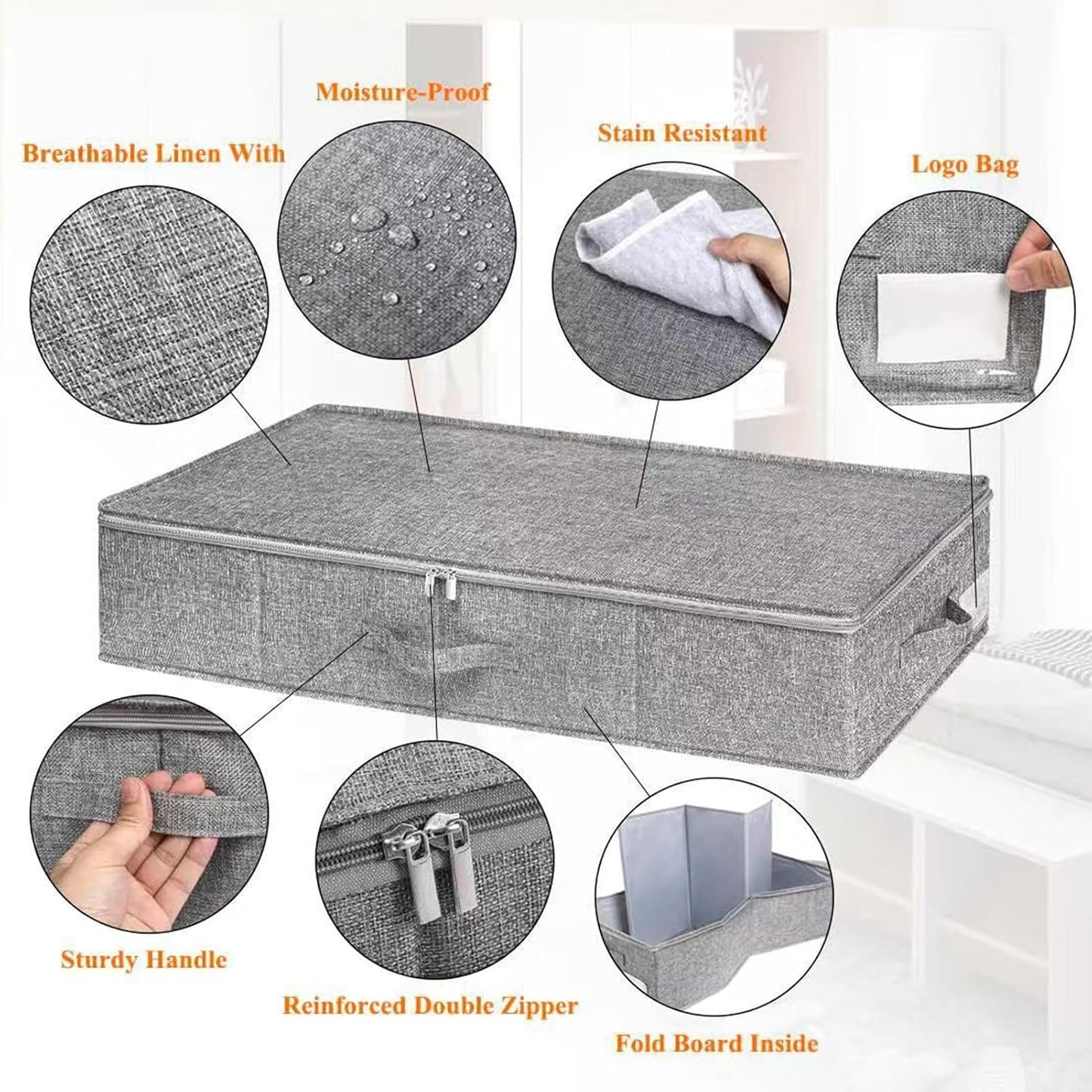 2PCS Under Bed Storage Bags with Lid, 10cm Low Underbed Storage Box, Foldable Fabric Clothes Organizer with Handle and Zip, Multipurpose Large Capacity Bedroom Organizer Box for Bedding Duvets