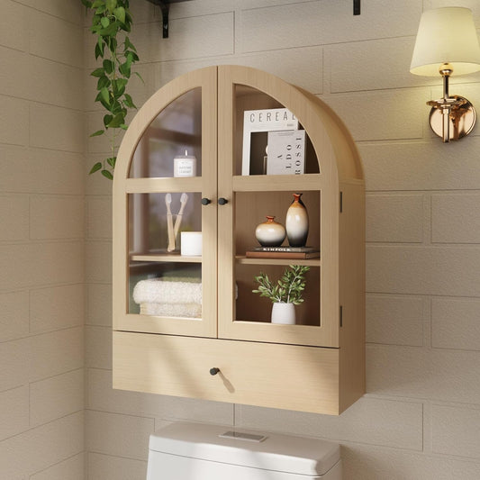 BLANKSPACE Bathroom Curved Wall Cabinet with Drawer, Over The Toilet Organizer for Bathroom Storage Cabinet with Glass Door and Soft Closing （Natural Wood Color）