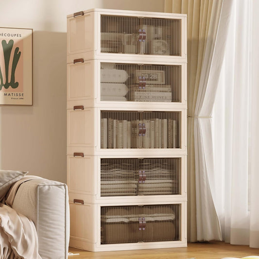 SAILUN 145Gal/580Qt Stackable Storage Bins Folding Collapsible Storage Bins with Lid, Closet Organizers and Storage Box with Door Beige 26" W x 17" D x 71" H