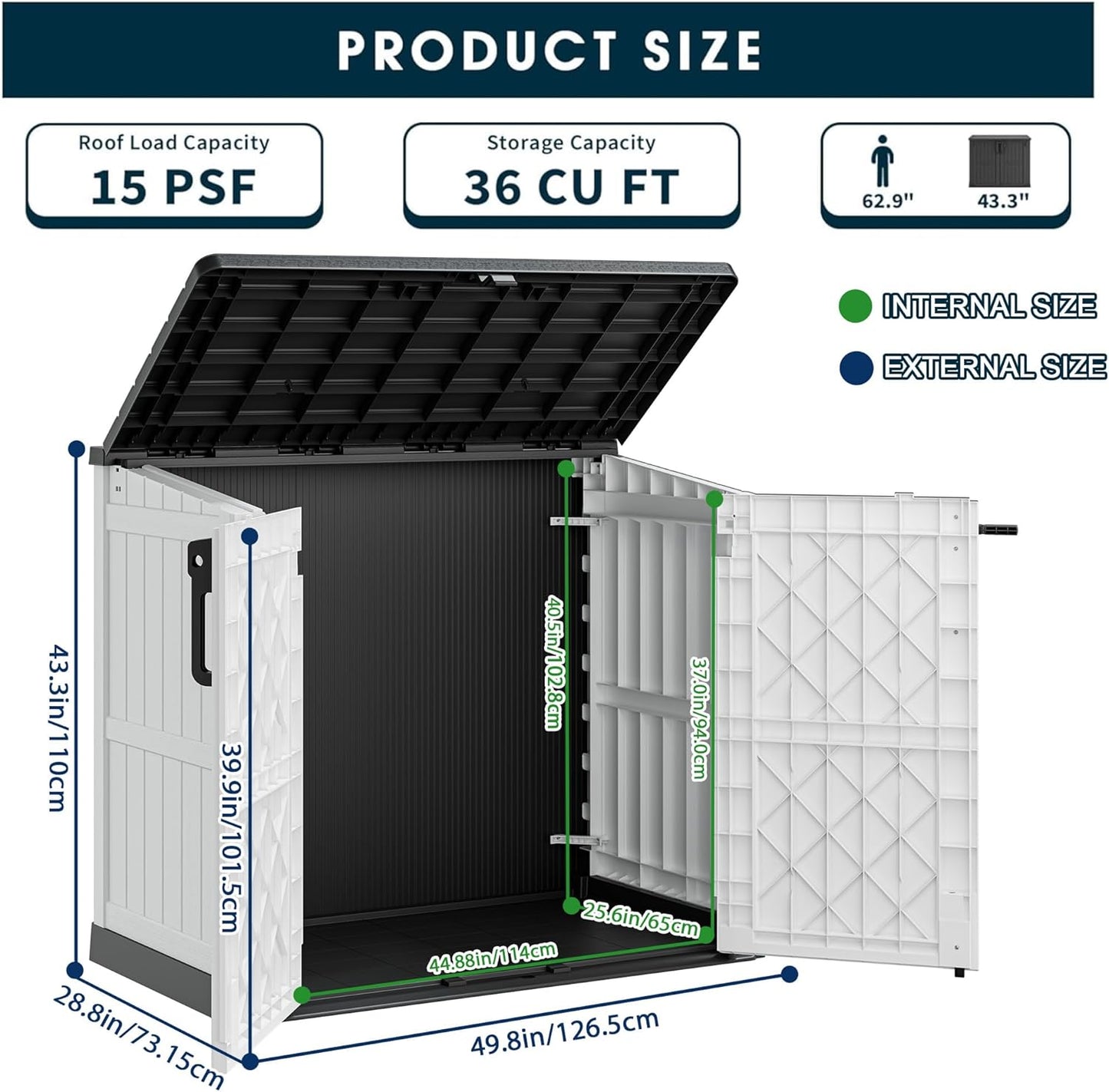 Outdoor Resin Storage Shed 36 Cu. Ft. Garden Horizontal Storage Extra Large Capacity Weather Resistant Storage Box, Lockable Resin Waterproof Shed, Light Grey