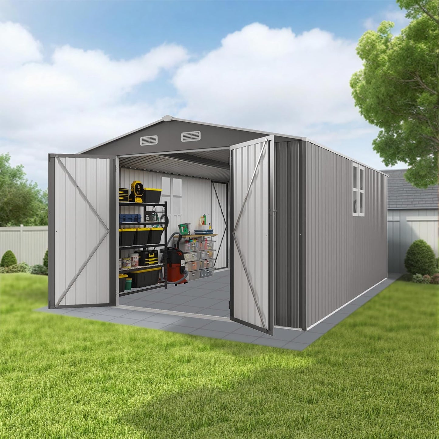 Metal Storage Shed, 10 X 14 FT Lockable Outdoor Tool Shed with Air Vent and Clear Windows, Galvanized Steel Garden Shed for Backyard, Patio, Garden, Bike Storage or Outdoor Use, Grey