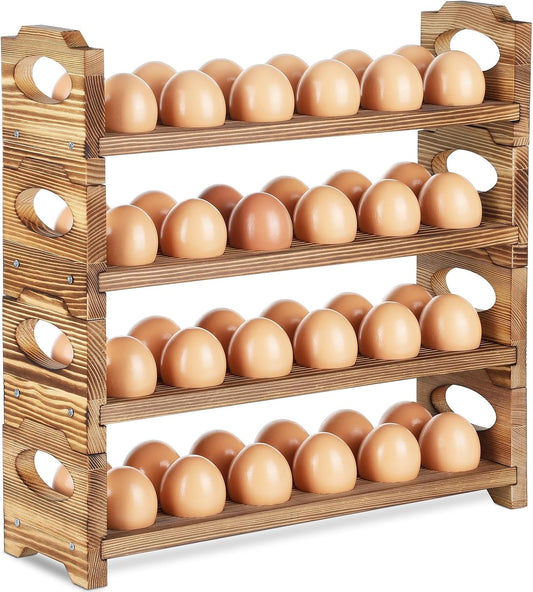 Wooden Egg Holder with 4 Layers/48-Hole, Stackable Wood Egg Rack Countertop with Handle, Stores Chicken/Duck/Quail/Turkey/Easter Eggs