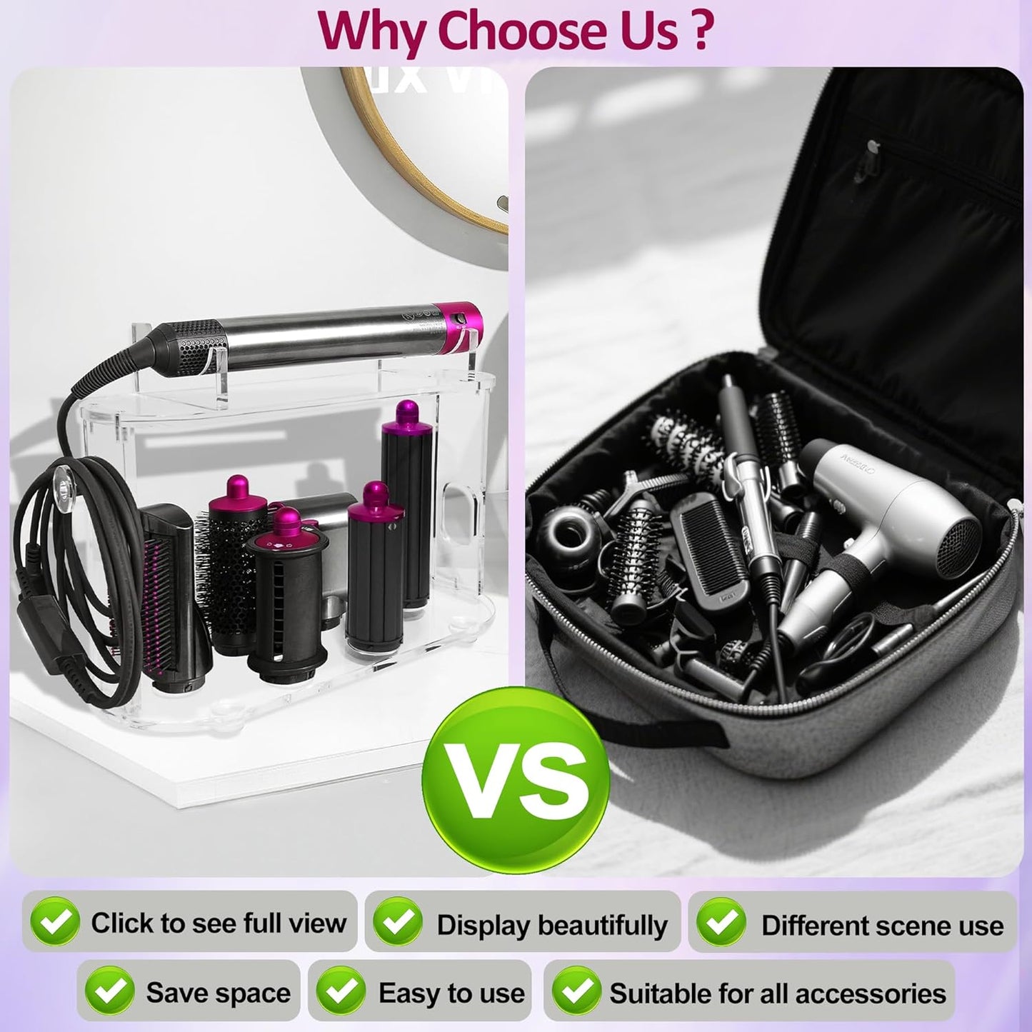 2025 New Storage Holder for Dyson Airwrap Hair Tool Organizer Accessories, Clear Acrylic Hair Dryer Rack 6 Holes Countertop Desktop Styler Stand Bathroom Organizer with Cord Hanger