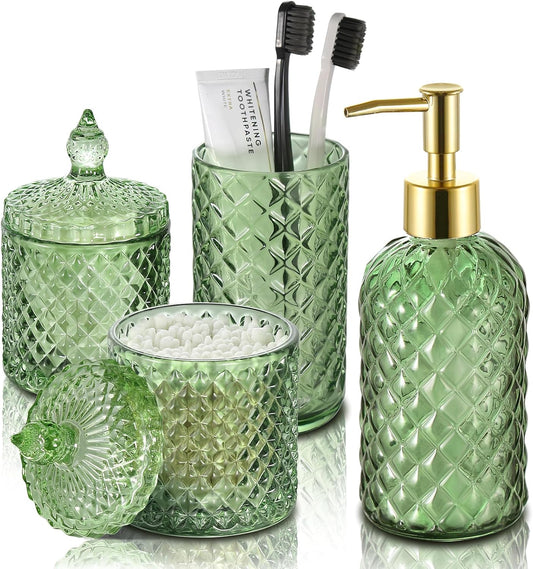 Green Bathroom Accessories Set, 4 Pack Olive Green Bathroom Decor Accessory Sets Complete, Diamond Glass Soap Dispenser and Toothbrush Holder Set for Bath Counter Organizer Essentials