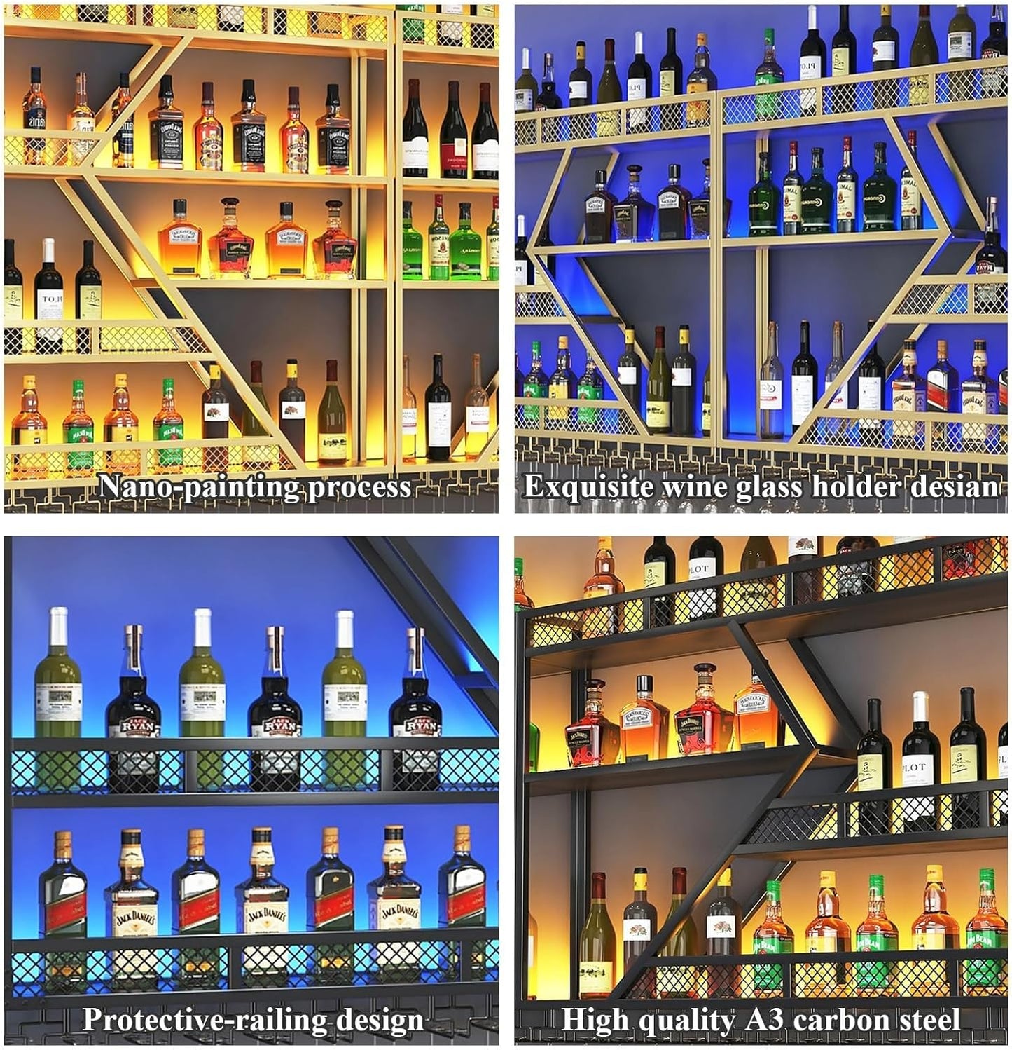 78.7in Wine Rack Wall Mounted, Modern Wine Storage Rack Wall Mounted with Wine Glass Holder, Liquor Shelf, Bar Shelves for Liquor Bottles (3TIERS Gold, 78.7 * 7.87 * 33.85INCH)