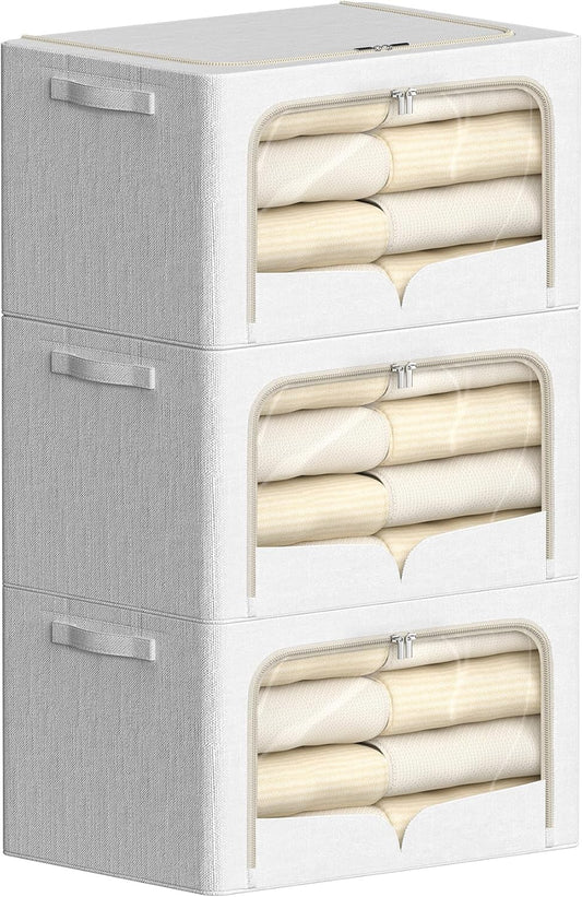 FHSQX 3 Pack Clothes Storage Bins Foldable Metal Frame Storage Box Stackable Linen Fabric Container Organizer Set with Carrying Handles and Clear Window (Cream White, 15.7x11.8x7.8inch(22L))
