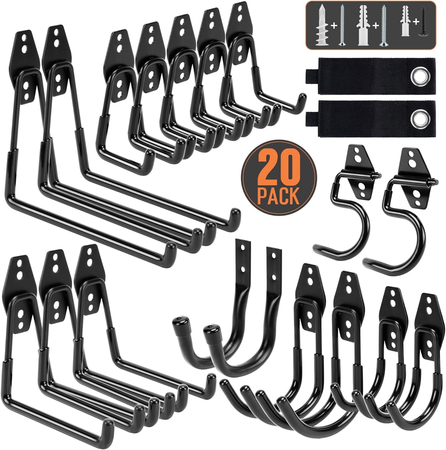 TONDA Garage Hooks, 20 Pack Garage Organization, Wall Storage Hooks Heavy Duty for Hanging Bike, Ladder, Garden Tools, Hose and Ropes, Black