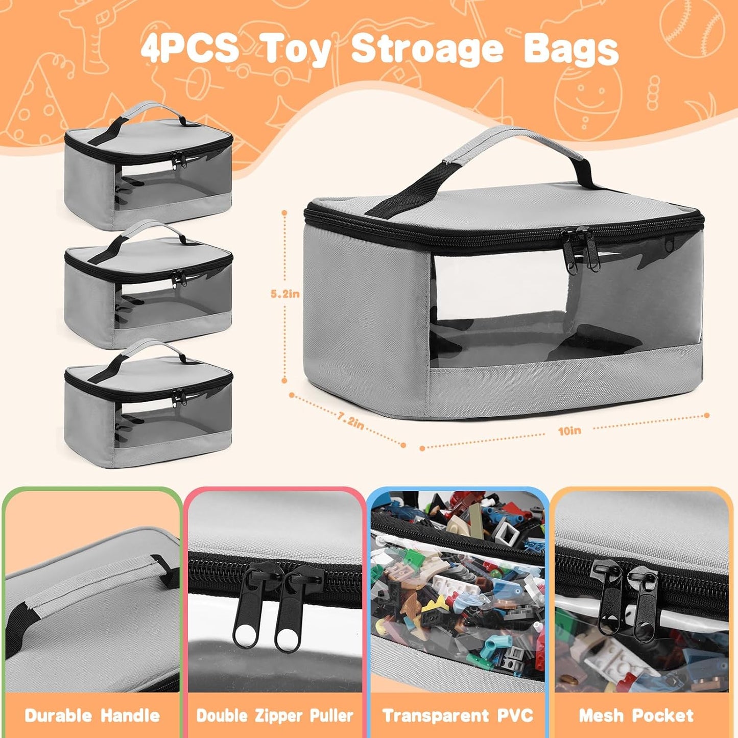 4 PCS Toy Storage Bags, Transparent PVC Toy Organizer Bag with Manual Pocket for Classic Building Bricks, Puzzles,Toy Cars, Large Size, Grey