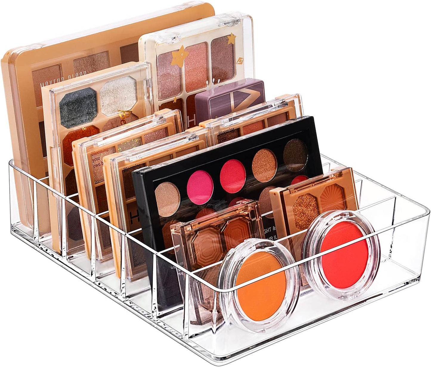 JessLab Makeup Organizer for Eyeshadow Palette and Lipstick, 7-Section Acrylic Divided Cosmetics Storage for Bathroom Vanity Countertop, Transparent, X-Large