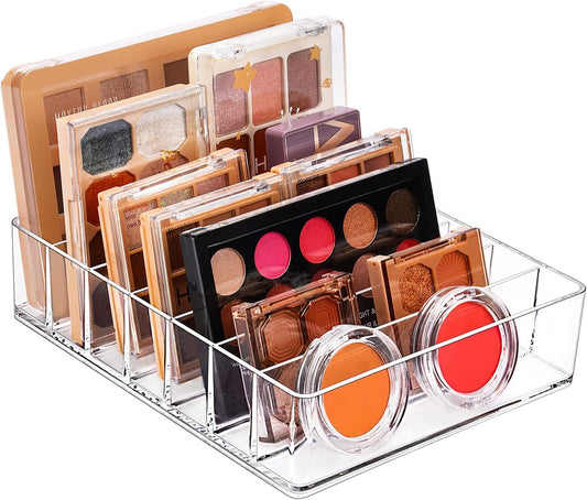 JessLab Makeup Organizer for Eyeshadow Palette and Lipstick, 7-Section Acrylic Divided Cosmetics Storage for Bathroom Vanity Countertop, Transparent, X-Large