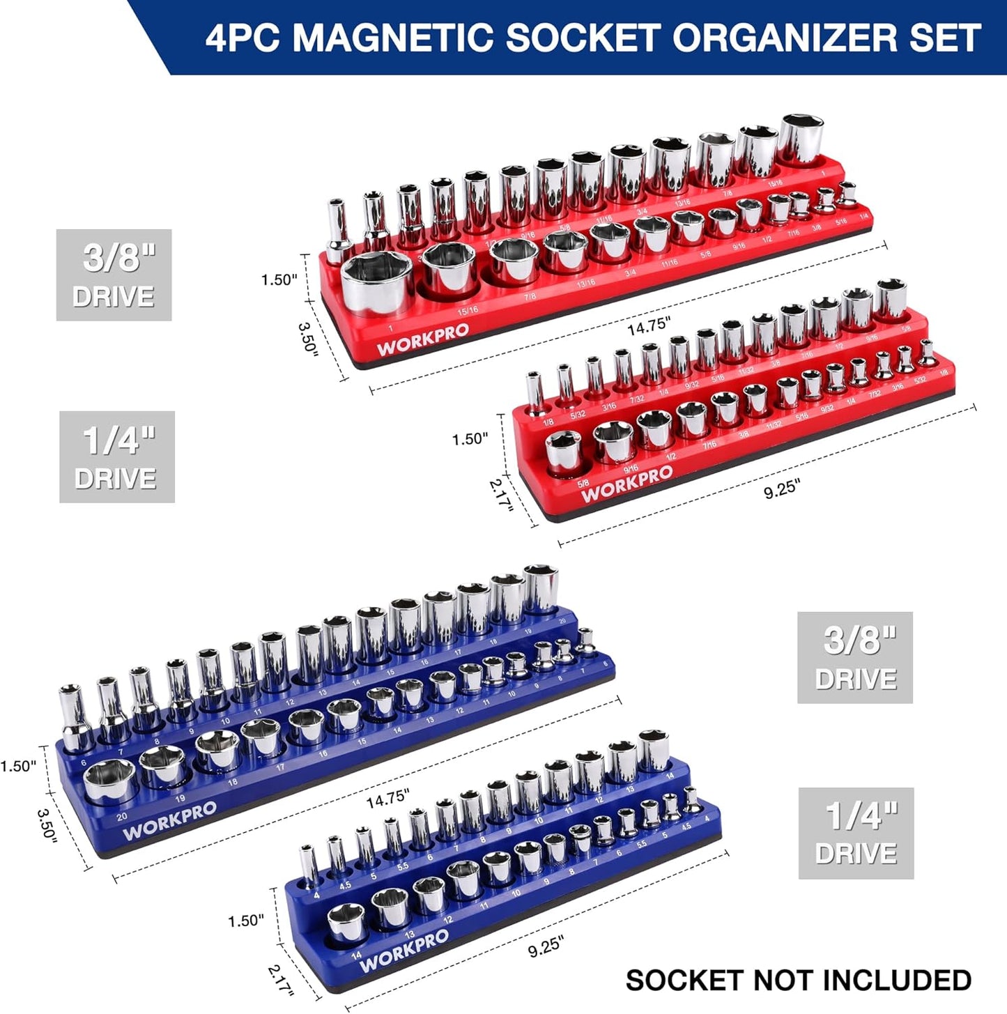 WORKPRO Magnetic Socket Organizer Set, 4-Piece Socket Holder Set Includes 1/4", 3/8" Drive Metric & SAE Socket Trays, Holds 108 Pieces Standard and Deep Size Sockets (Sockets not Included)