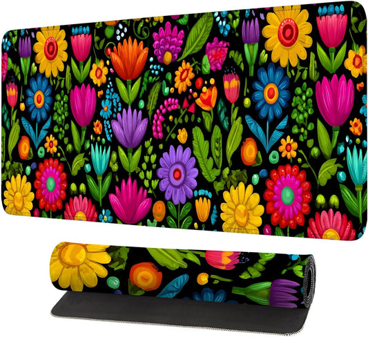 Folk Art Floral Mouse Pad – Large Extended Desk Mat 31.5 x 11.8 in– Colorful Boho Flowers on Black Background, Waterproof Surface, Non-Slip Rubber Base, Oversized Mouse & Keyboard Pad