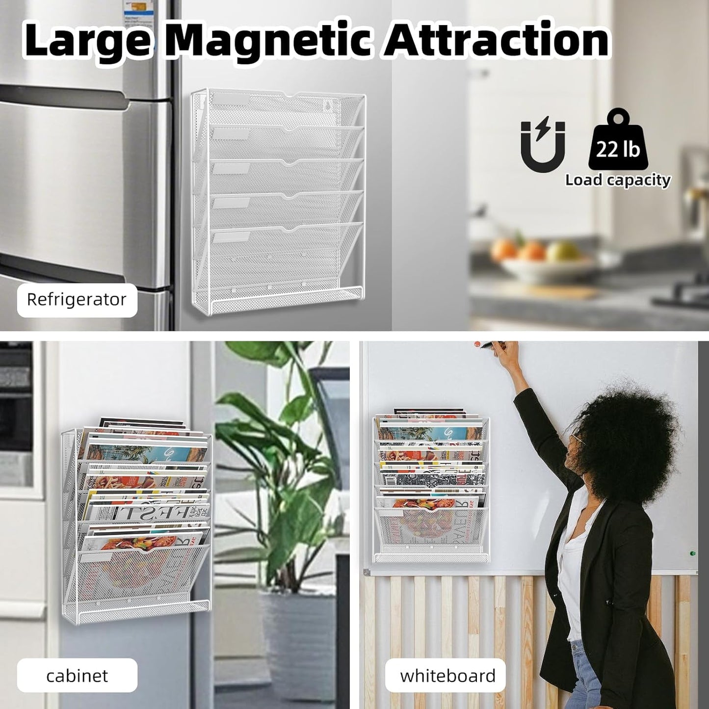 6 Tier Magnetic File Holder, No Drilling Installation File Cabinet Organizer,Black Magnetic File Holders, Magnetic Paper Holder for Refrigerator,File Cabinets, Whiteboard, White
