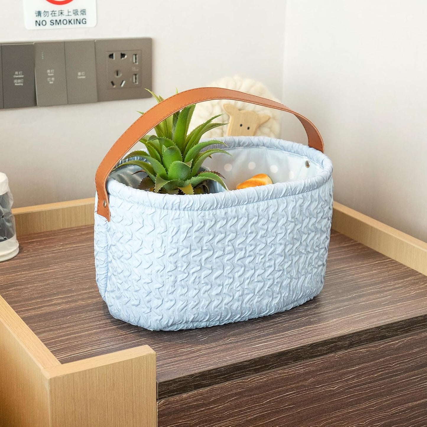 Blue Oval Double Compartment Pleated Fabric Basket - Quilted Fabric Storage Basket with PU Carrying Handle - Collapsible Organizer for Home, Picnic, Shopping, Traveling