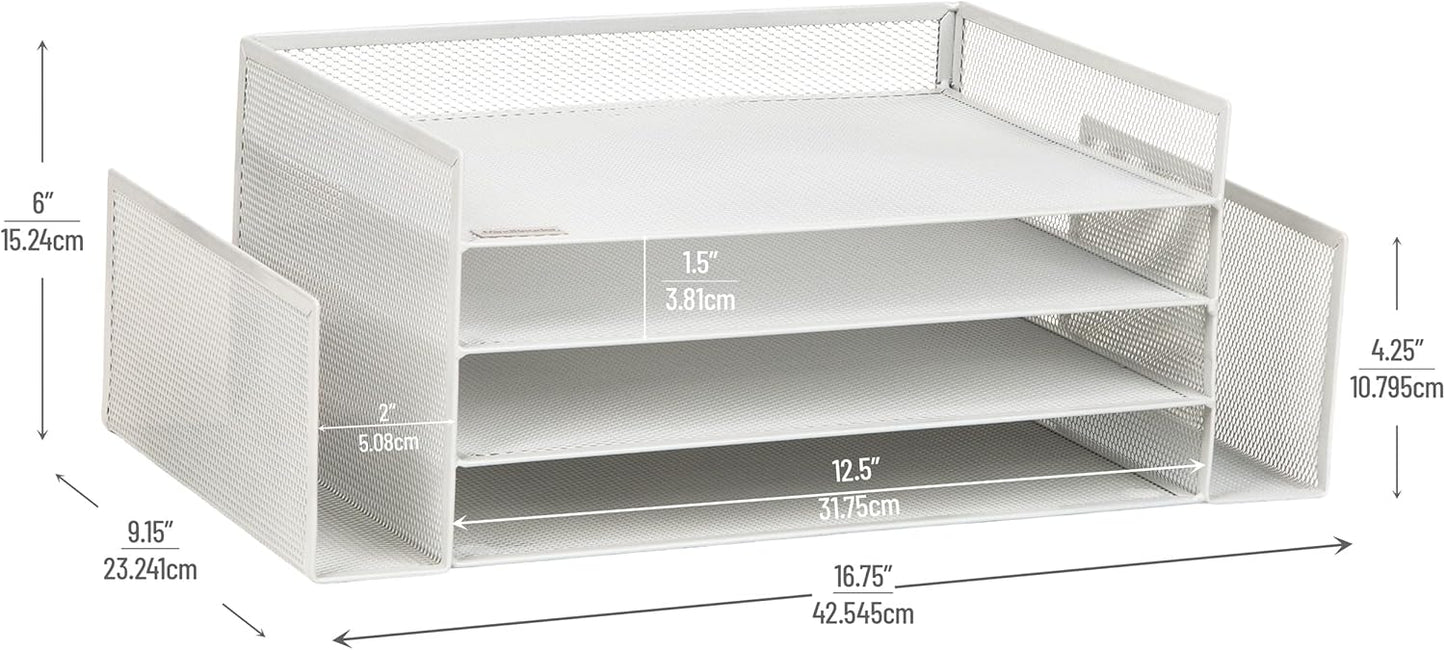 Mind Reader Desktop Organizer, File Storage, Paper Tray, Workspace, Office, Metal Mesh, 16.75" L x 9.15" W x 6" H, White