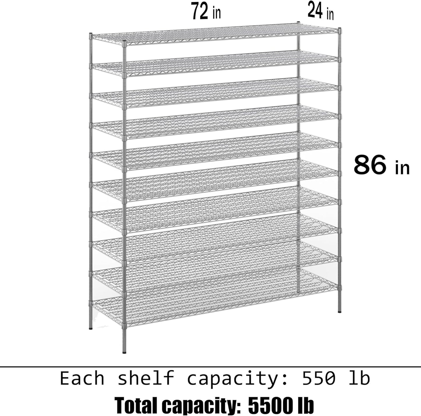 24" Deep x 72" Wide x 86" Height Wire Shelving Kit | 10-Tier | NSF Commercial Storage Rack Unit