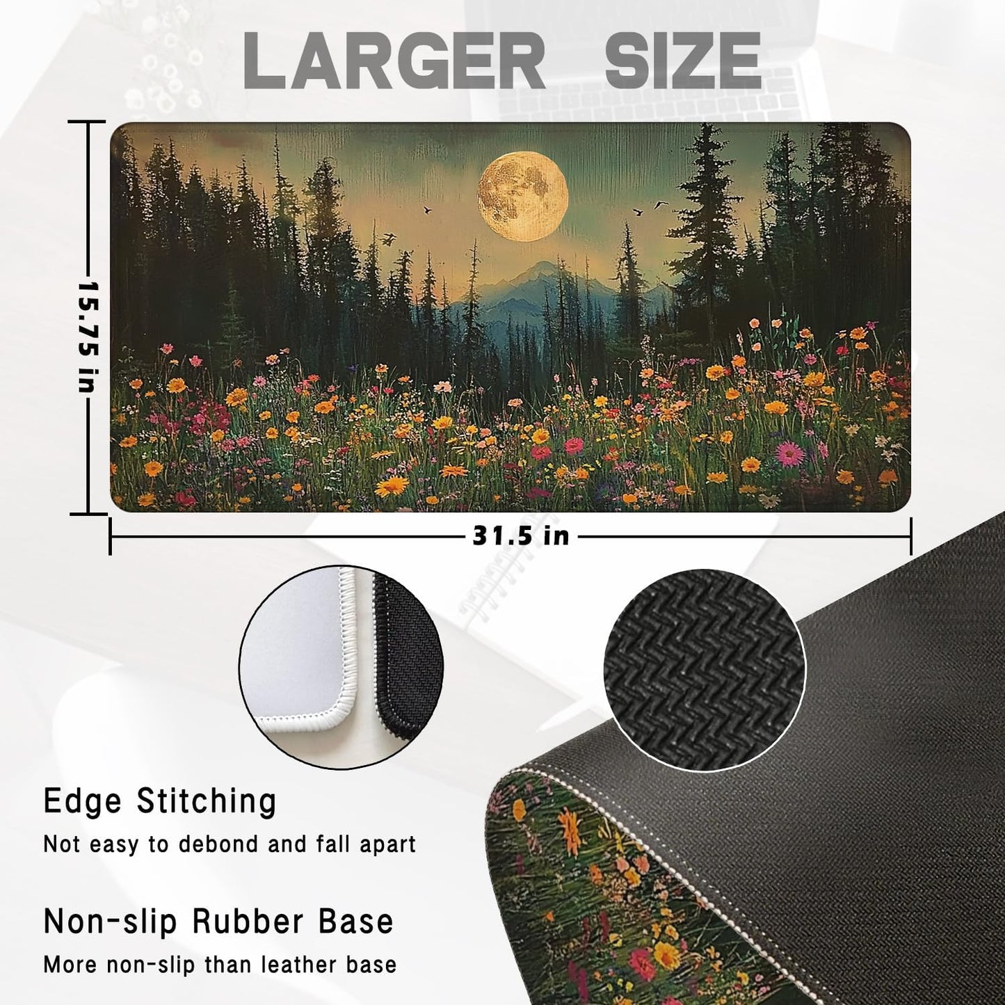 Vintage Moonlit Wildflower Floral Large Mouse Pad 31.5x15.7inch, Retro Nature Landscape Flower Large Extended Computer Desk Mat Mousepad for Keyboard and Mouse, Floral Desk Accessories