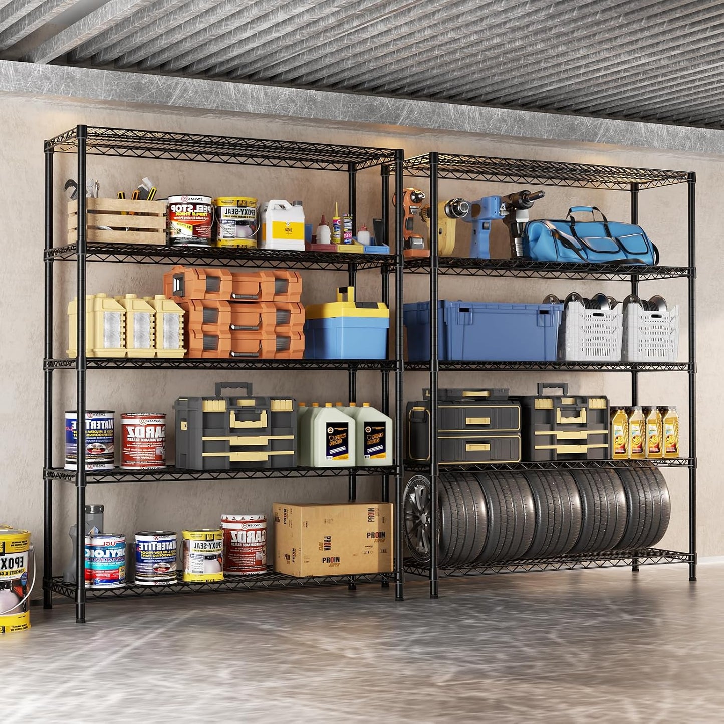 SINGAYE 5 Adjustable Heavy Duty Garage Shelving Wire Shelves Metal Standing Units Bathroom Organizers and Storage Shelf Closet Metal Pantry Kitchen 18" DX46 WX77 H Black