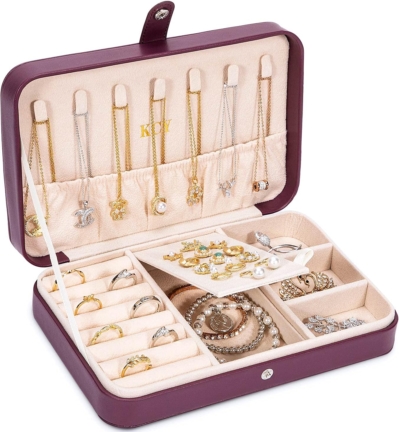 KCY Travel Jewelry Organizer Box for Women Girls, Small Travel Jewelry Case, PU Leather Portable Jewellery Storage Boxes Display Holder for Ring Earrings Necklace Bracelet Bangle, Gifts, Purple