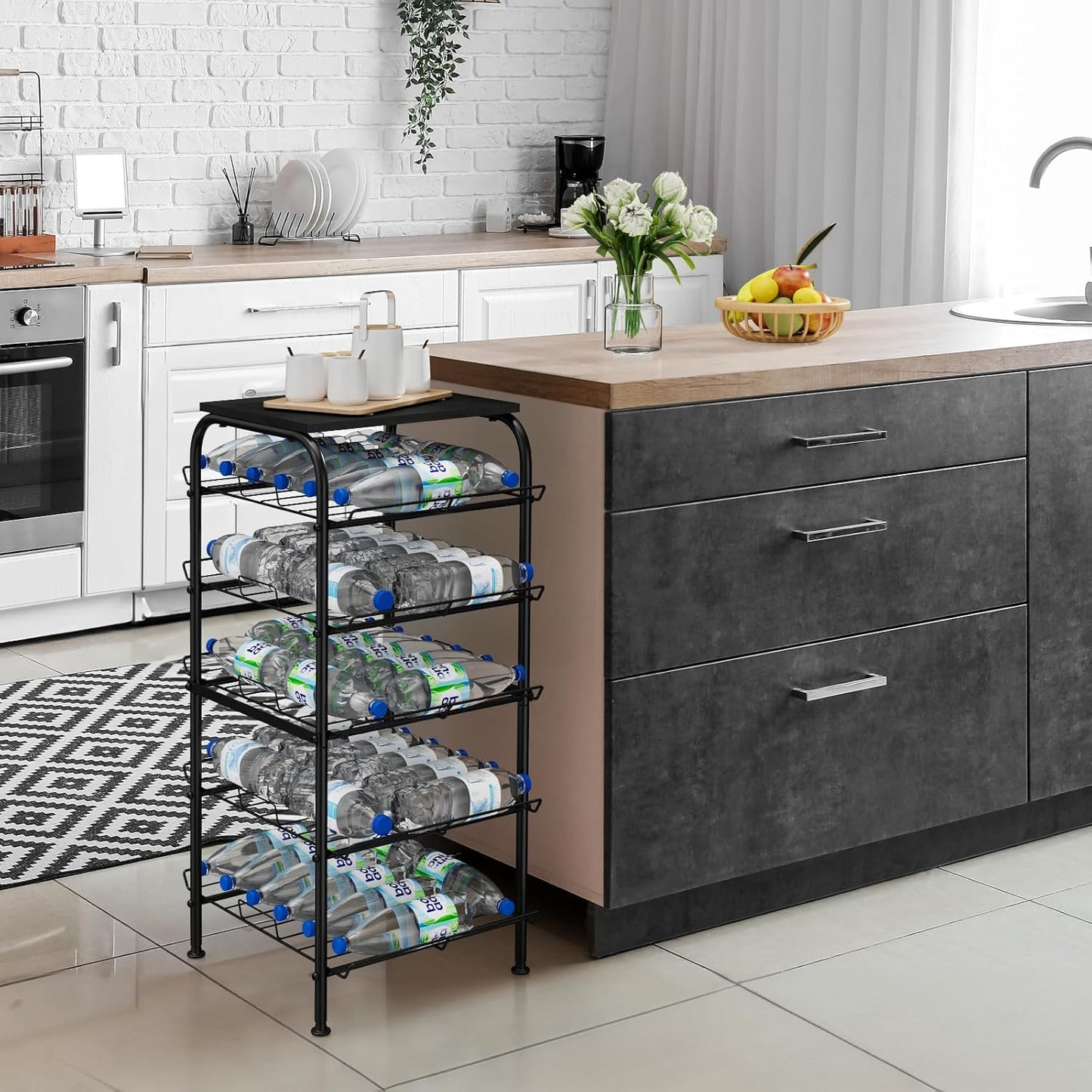 Vrisa 5 Tier Water Bottle Storage Rack Vertical Freestanding Bottled Water Organizer Large Capacity Beverage Drink Soda Can Holder Stand for Kitchen Pantry Home Party Food Storage, Black