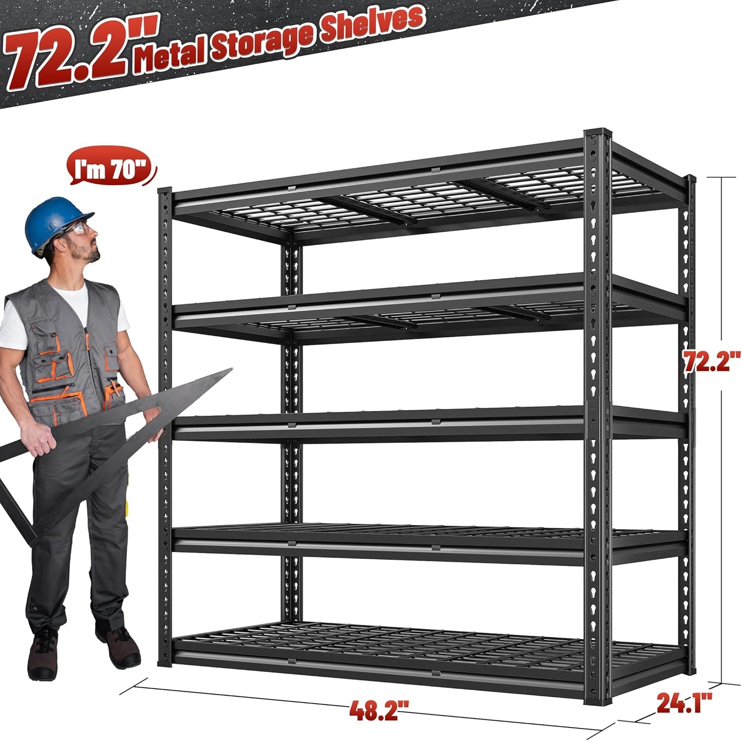 REIBII 3050LBS Garage Shelving Storage Shelves Heavy Duty 5-Tier Adjustable Matel Shelving Easy Assembly Storage Shelf for Garage Basement Warehouse Pantry, 48.2" W X 24.1" D X 72.2" H
