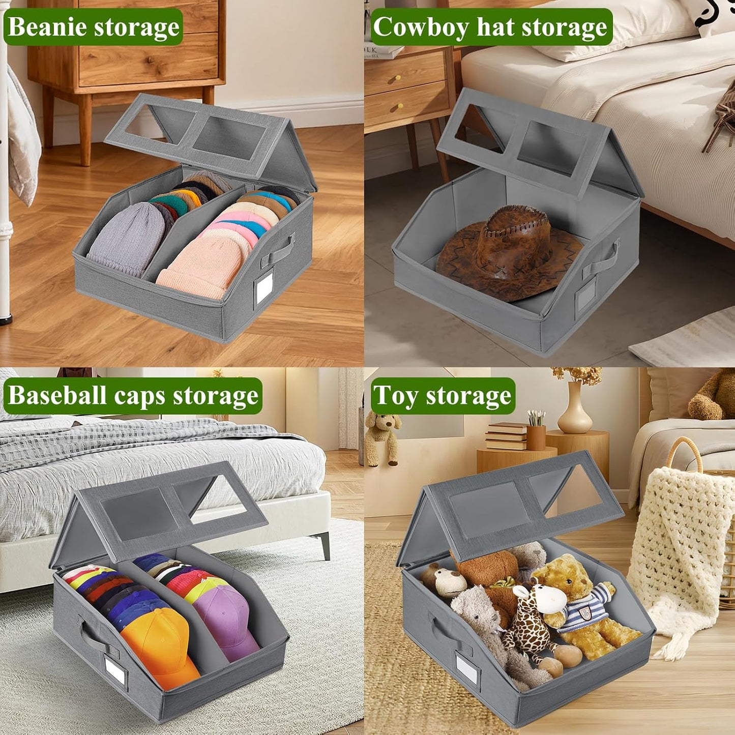 Hat Storage for Baseball Caps-Holds Up to 24 Caps, Hat Organizer for Closet Stackable Hat Box with Cardboard, Dustproof Baseball Cap Organizer with 2 Handles for Home Travel (Grey, 1 Pack)